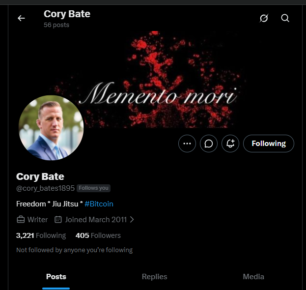 Cory Bate, X profile, "Memento mori" header, "Freedom · Jiu Jitsu · #Bitcoin" bio, 3,221 following / 405 followers, joined March 2011, account name @cory_bates1895